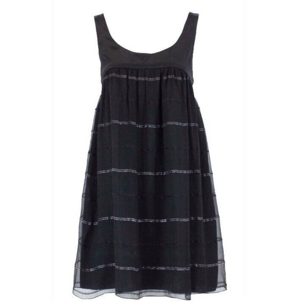Helen Wang Sz 6 Black Silver Accent Striped Silk Sheer Overlay Silk Dress - Picture 1 of 6
